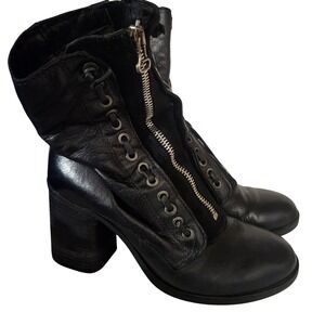 Black Leather Lace Up Zipper Block Heel‎ Ankle Boots Women's Size 39